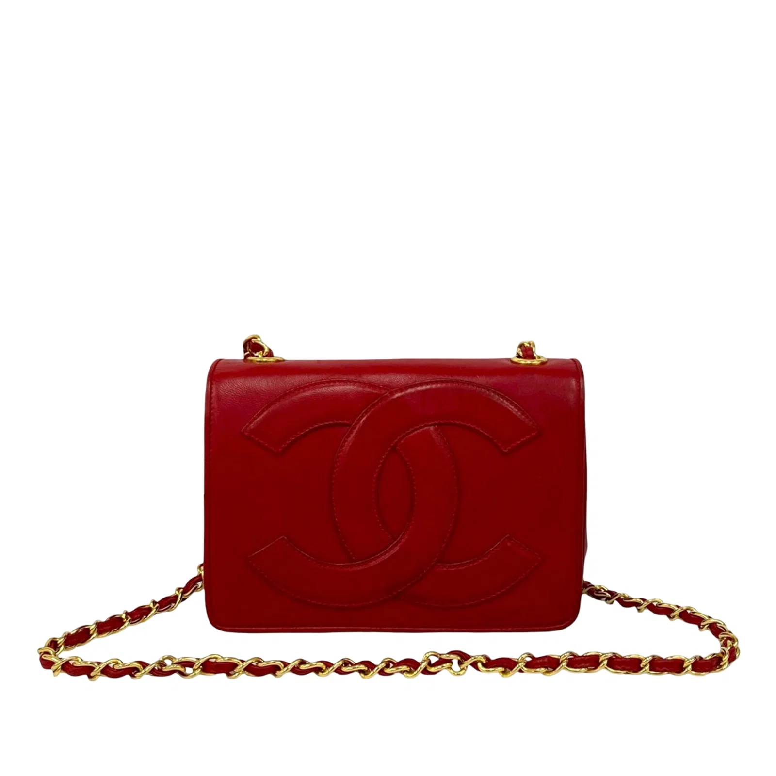 Chanel Red Lambskin Leather CC Full Flap Shoulder Bag