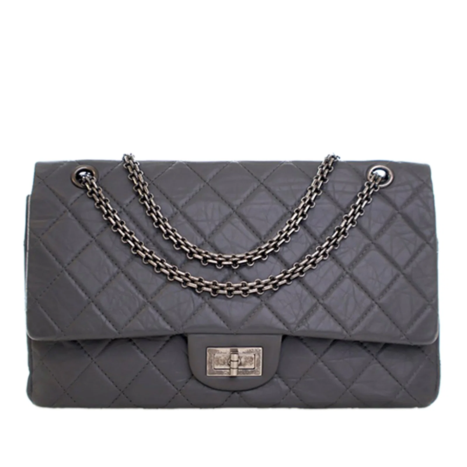 Chanel Reissue 2.55 227 Gray Quilted Aged Calfskin Double Flap Shoulder Bag