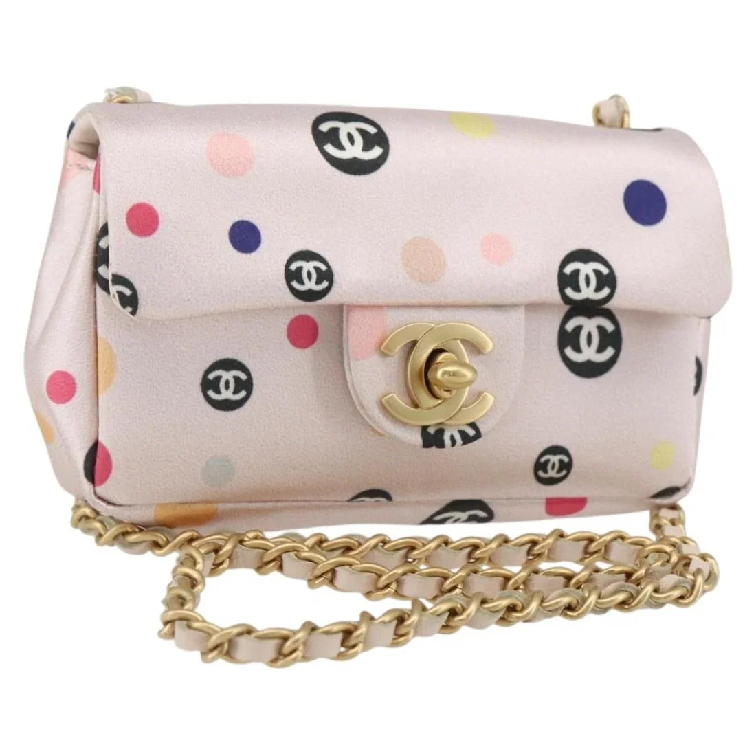 CHANEL Satin Shoulder Bag Pink Gold CC Auth 158926SAM