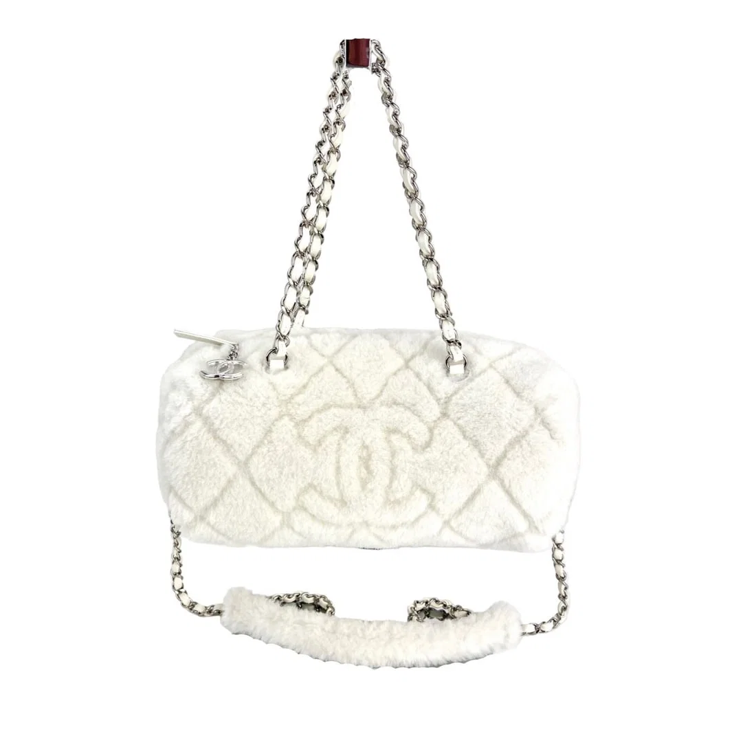 Chanel Shearling Quilted White Lambskin Bowler Crossbody Bag