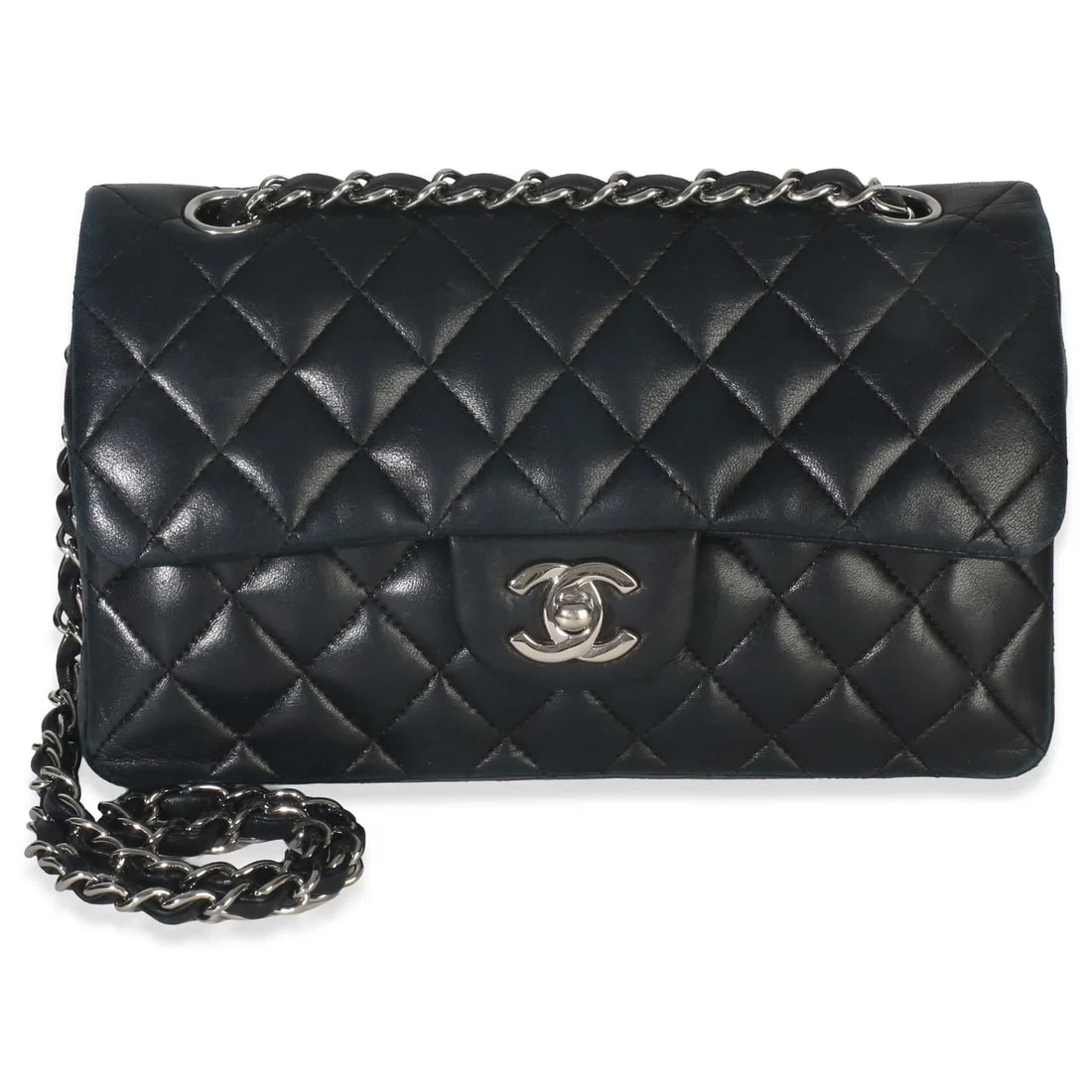 Chanel Small Double Flap Black Lambskin Shoulder Handbag with Silver-Tone Hardware
