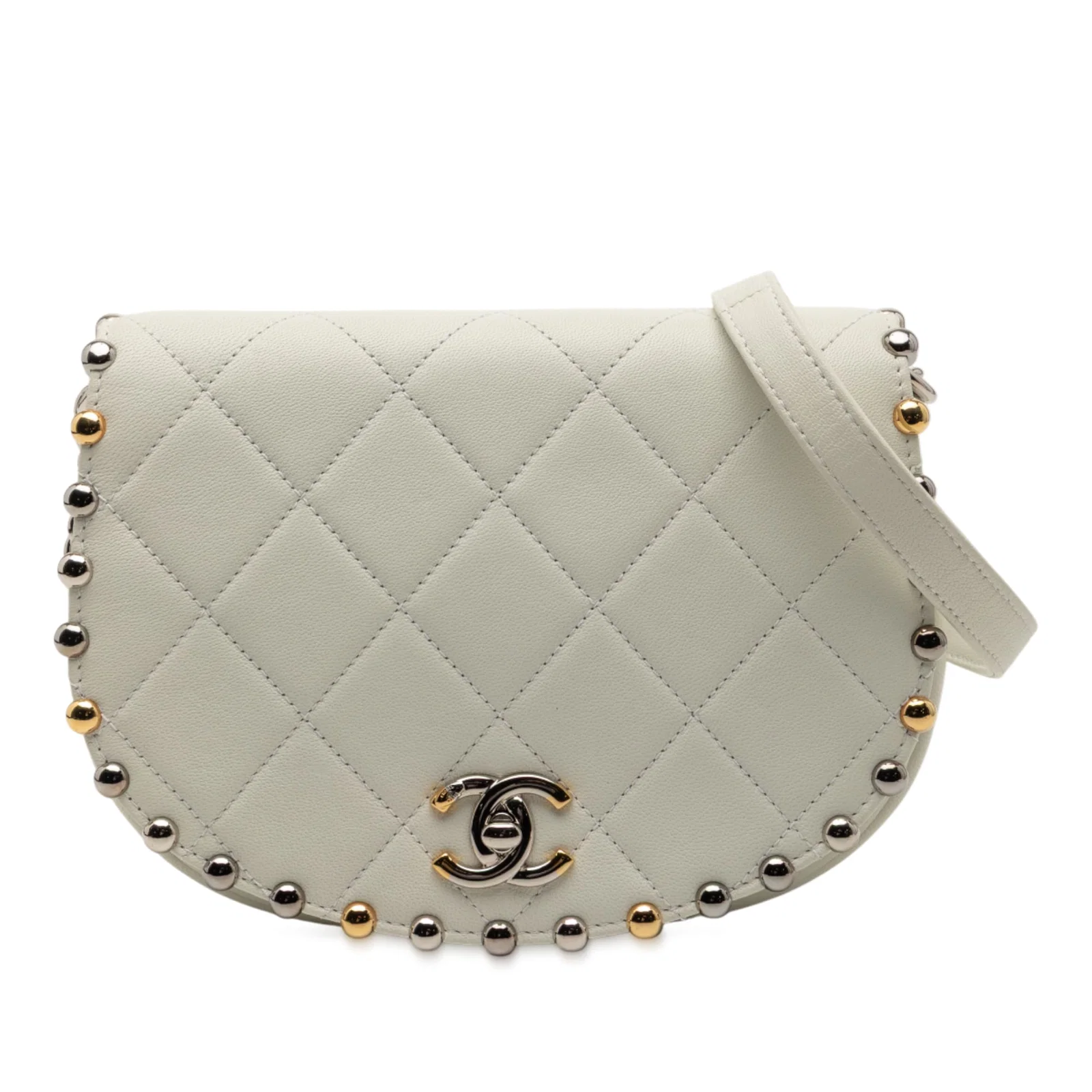 Chanel Studded Quilted Lambskin Bubble Flap Small Crossbody Bag White