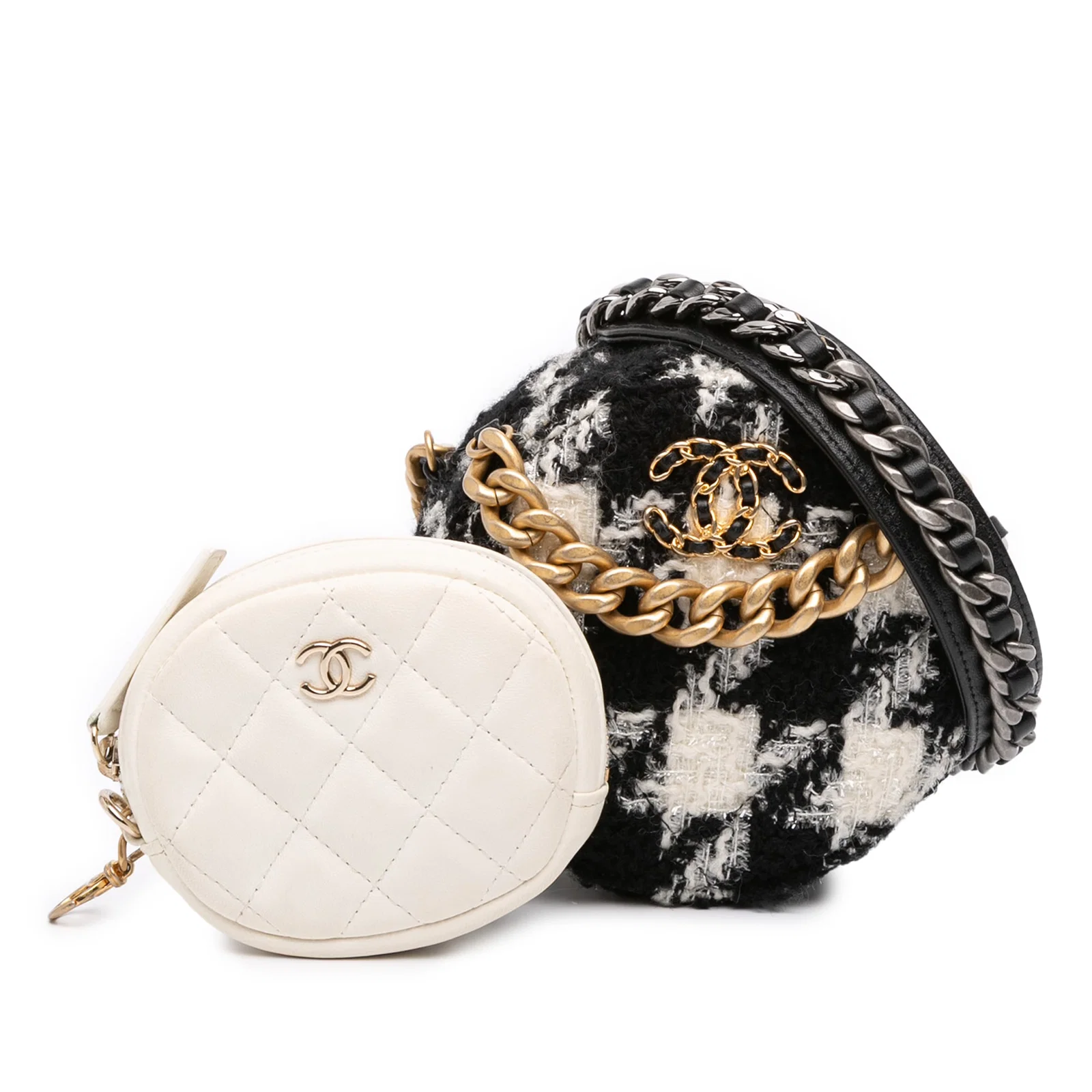 Chanel Tweed 19 Round Clutch with Chain and Coin Purse White