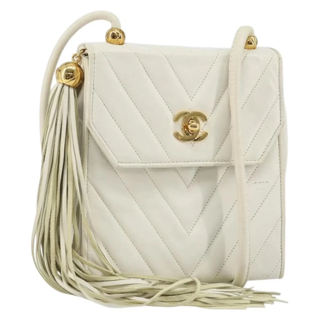 CHANEL V STITCH SHOULDER BAG LAMB SKIN WHITE GOLD