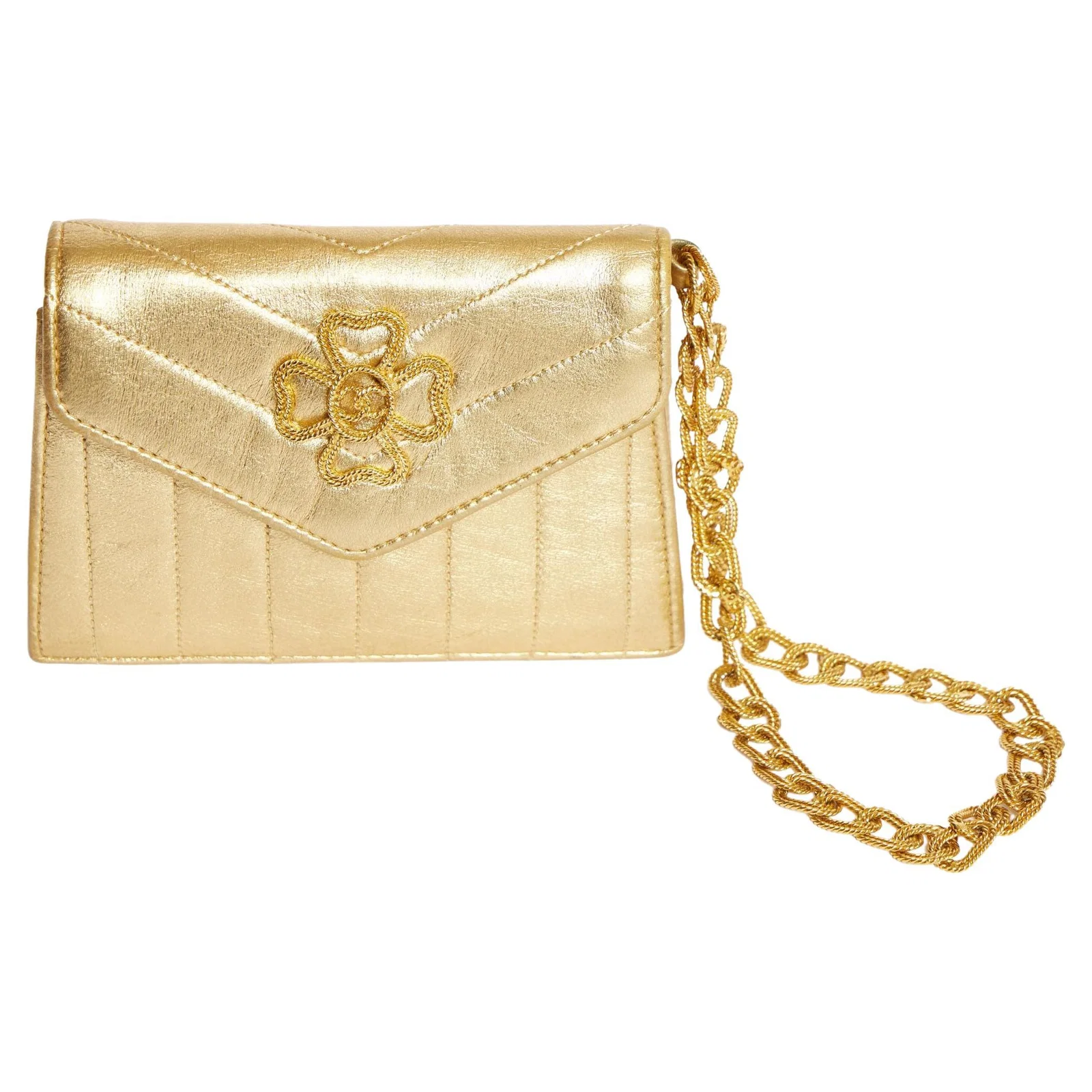 Chanel Vintage Mini Wrist Bag Gold Evening Bag with CC Chain