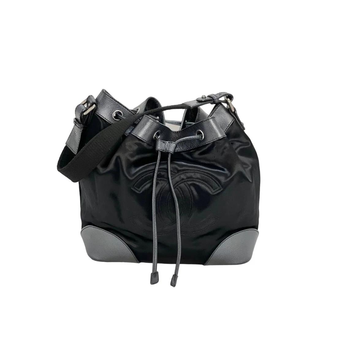 CHANEL Vintage Satin CC Large Black Bucket Shoulder Bag