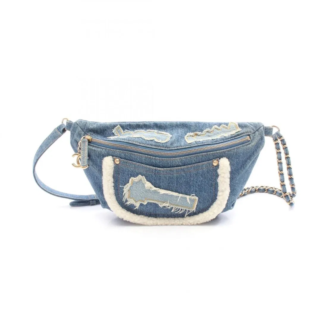 CHANEL WAIST BUM BELT BAG DENIM BORE BLUE WHITE