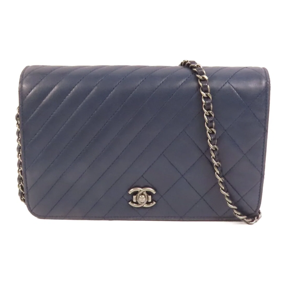 Chanel Wallet On Chain Blue Lambskin Leather Shoulder Bag Silver Hardware