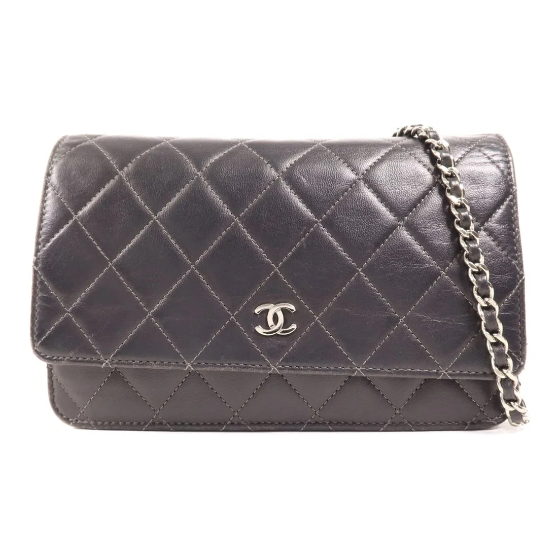 CHANEL Wallet On Chain Gray Lambskin Shoulder Bag AP0250 with Silver Hardware