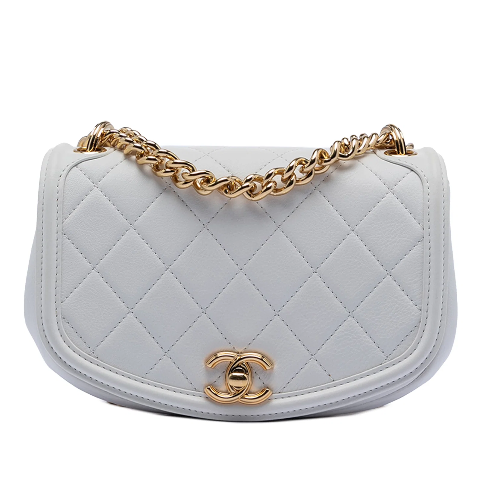 Chanel White Leather Quilted Underline Saddle Flap Crossbody Bag
