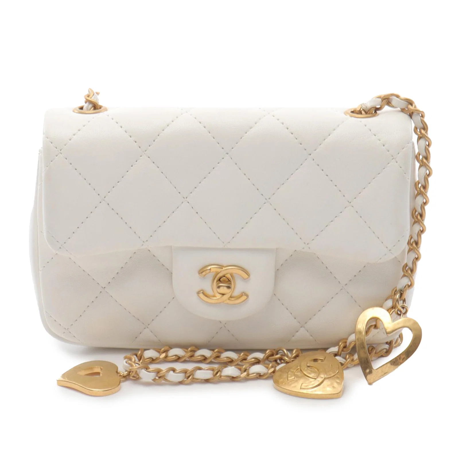 Chanel White Mini Flap Bag with Quilted Lambskin and Heart Charms