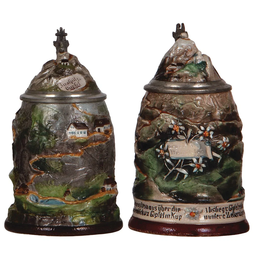 Character steins, two, .5L, Zugspitze & Wendelstein Mountains