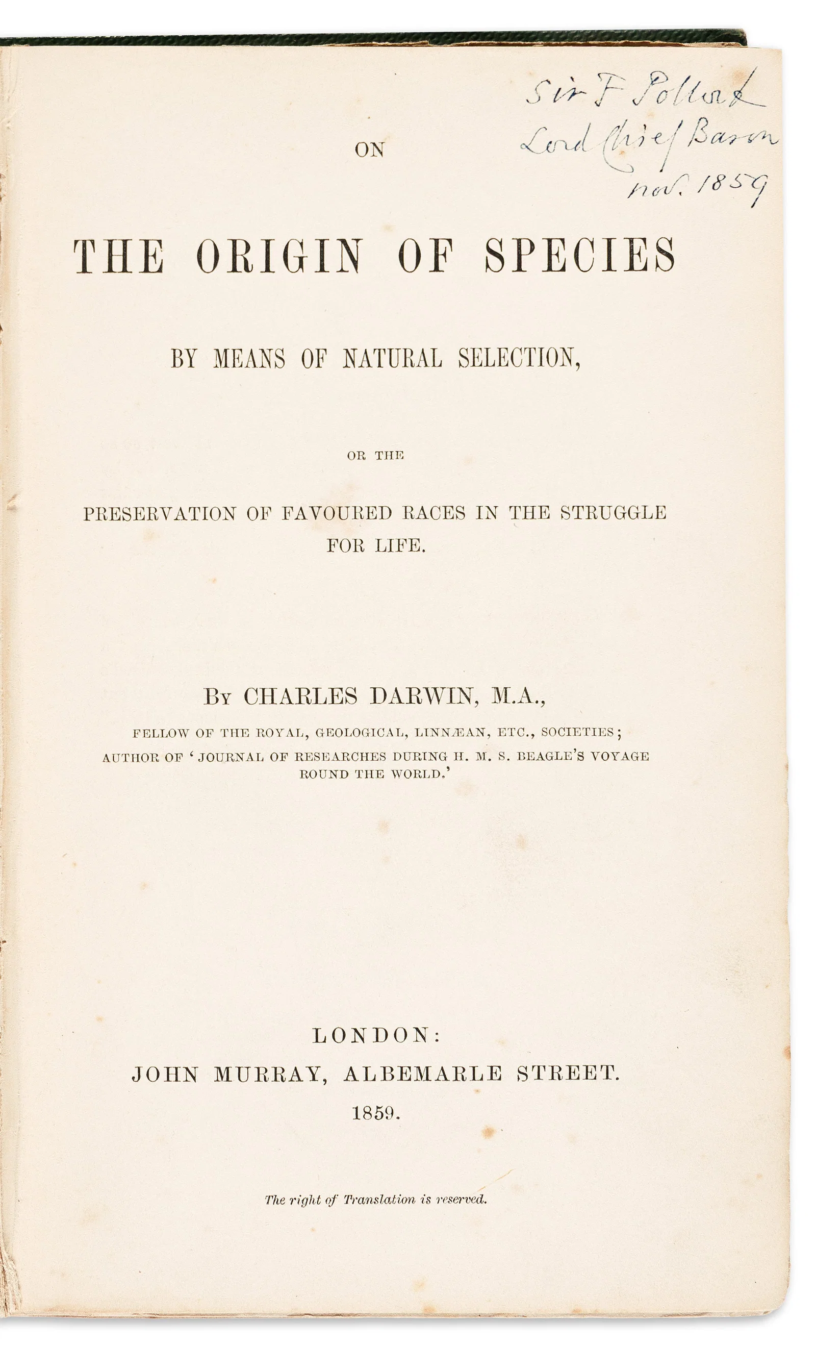 Charles Darwin (1809-1882) On the Origin of Species. First London Edition with Interesting