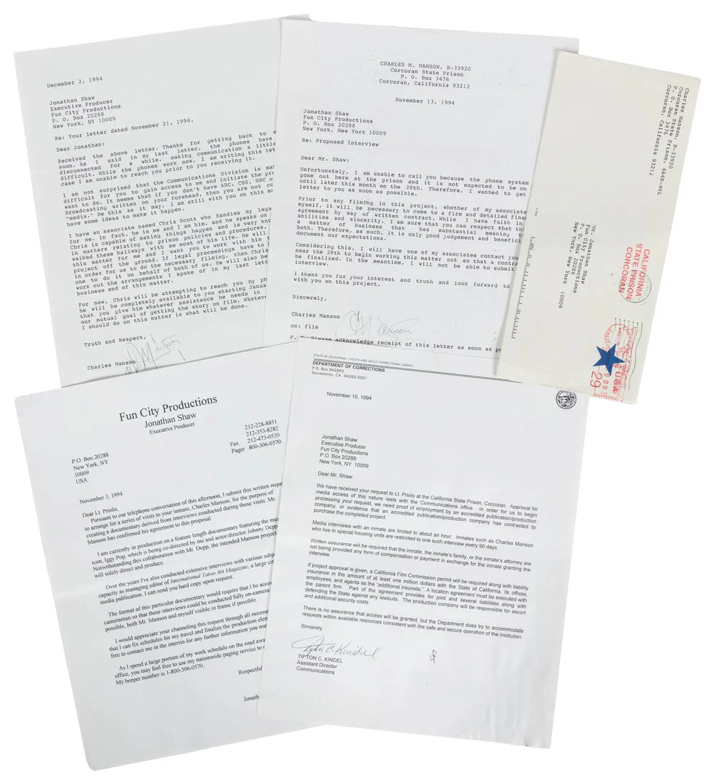 Charles Manson and Jonathan Shaw Documentary Correspondence. Corcoran State Prison, New York: 1994.