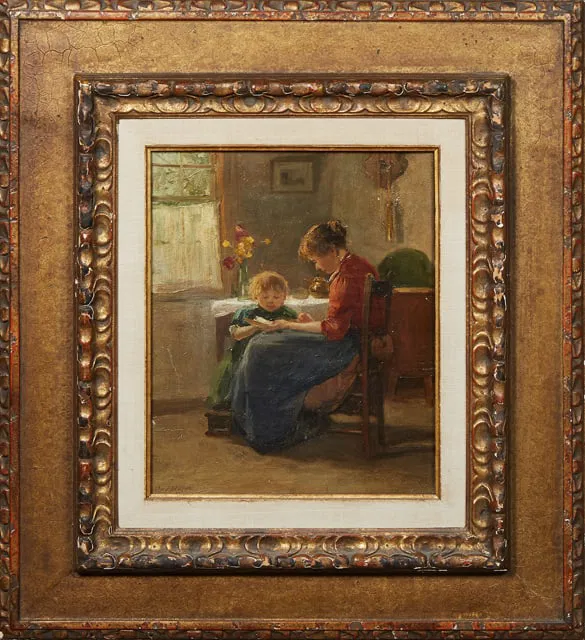 Charles Paul Gruppe (Canadian, 1860-1940), "Learning to Read," H.- 16 3/4 in., W.- 13 1/2 in.,