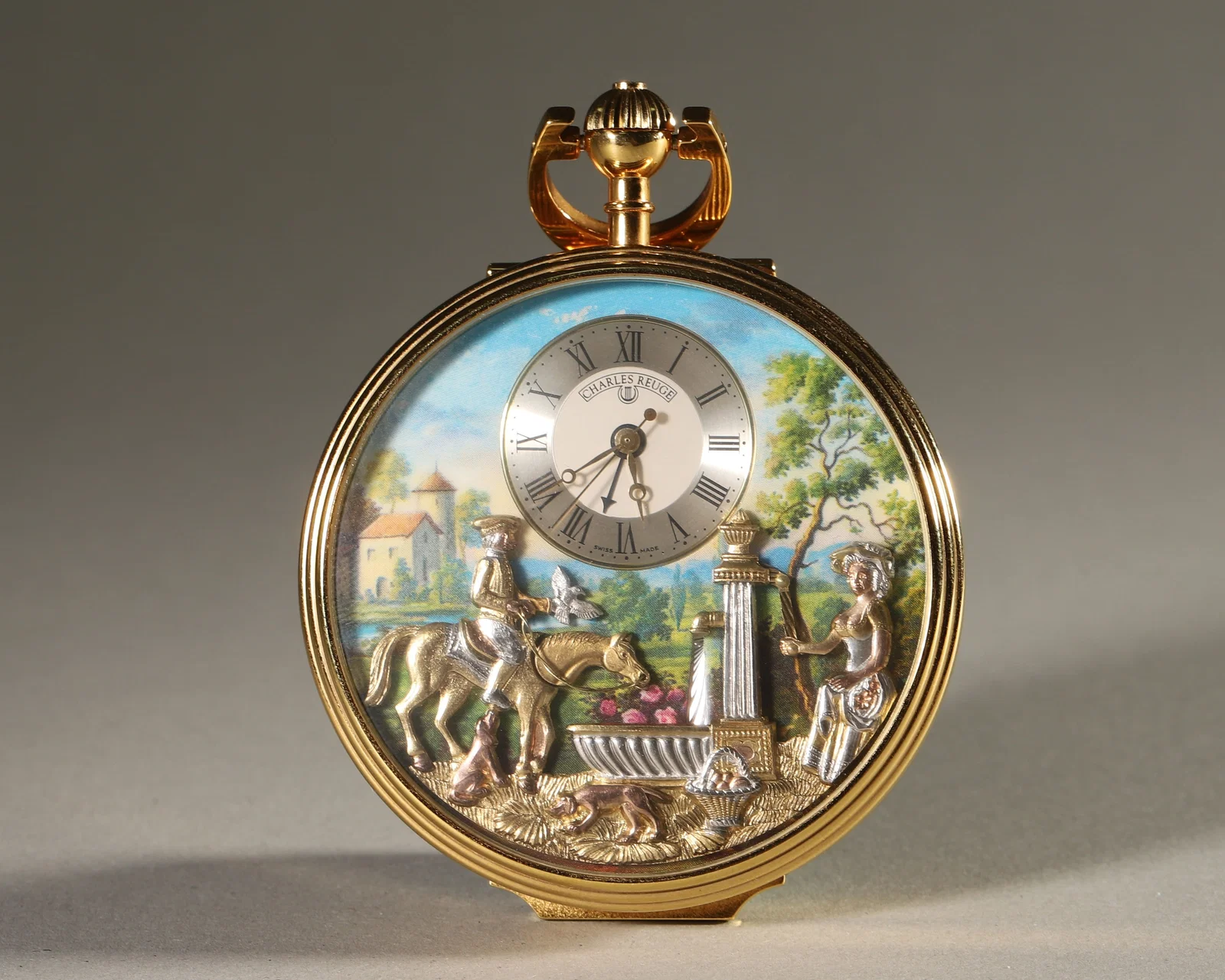 CHARLES REUGE GOLD-PLATED AUTOMATON MUSICAL POCKET WATCH, PASTORAL SCENE