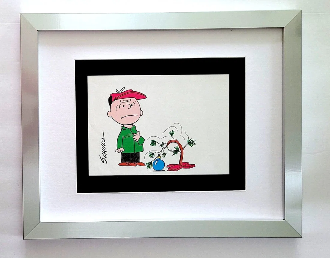 CHARLES SCHULZ Signed Christmas 1968 Peanuts SNOOPY Cartoon with New Frame