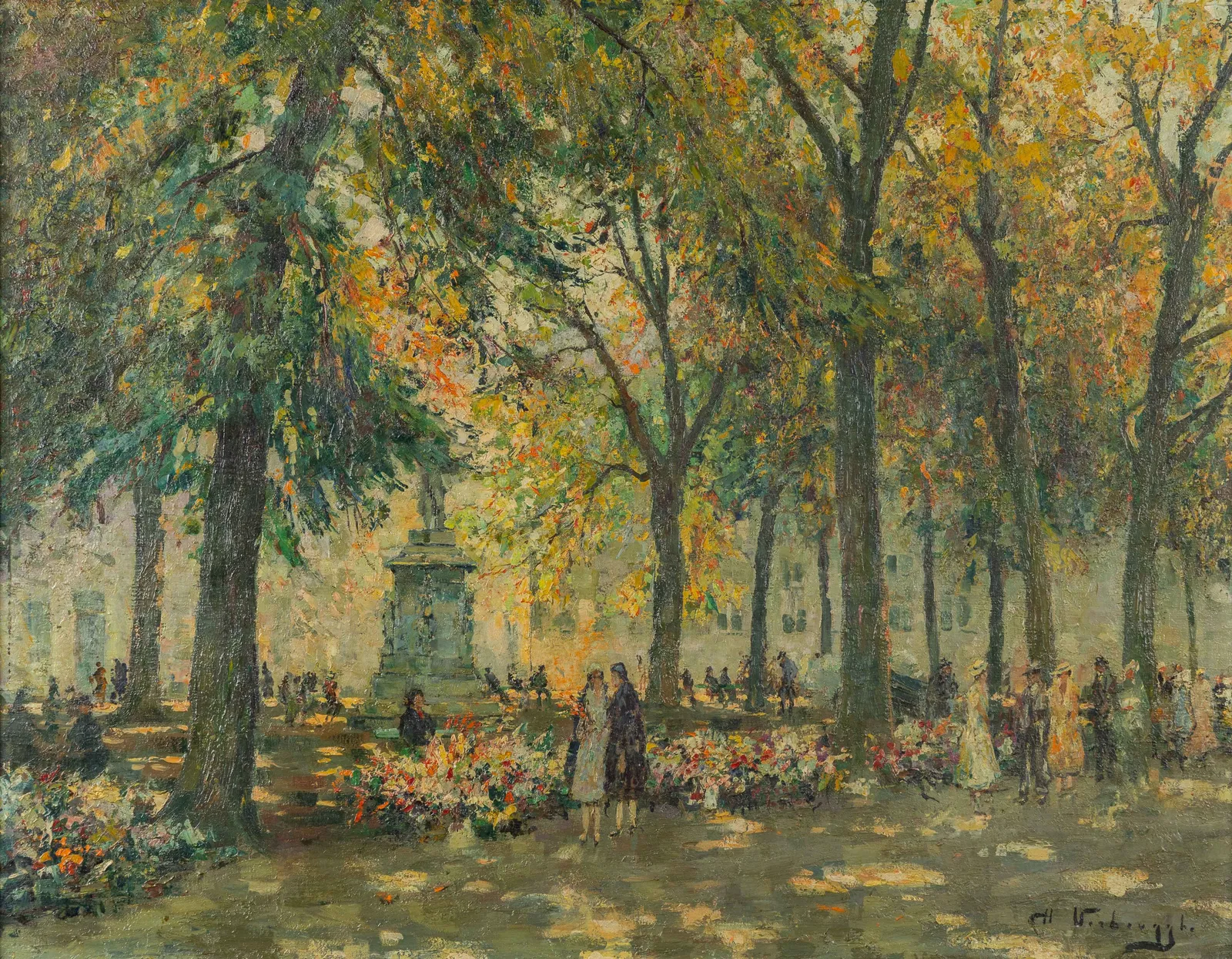 Charles Verbrugghe (1877-1974) 'Flower Market in Bruges, The Burg', oil on panel.