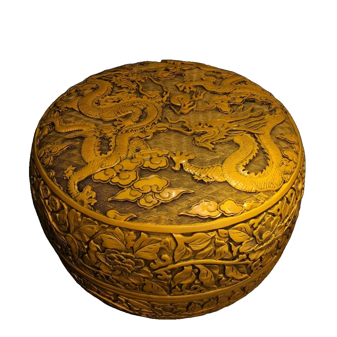 Chicken fat yellow lacquerware box with two dragons playing with a pearl.