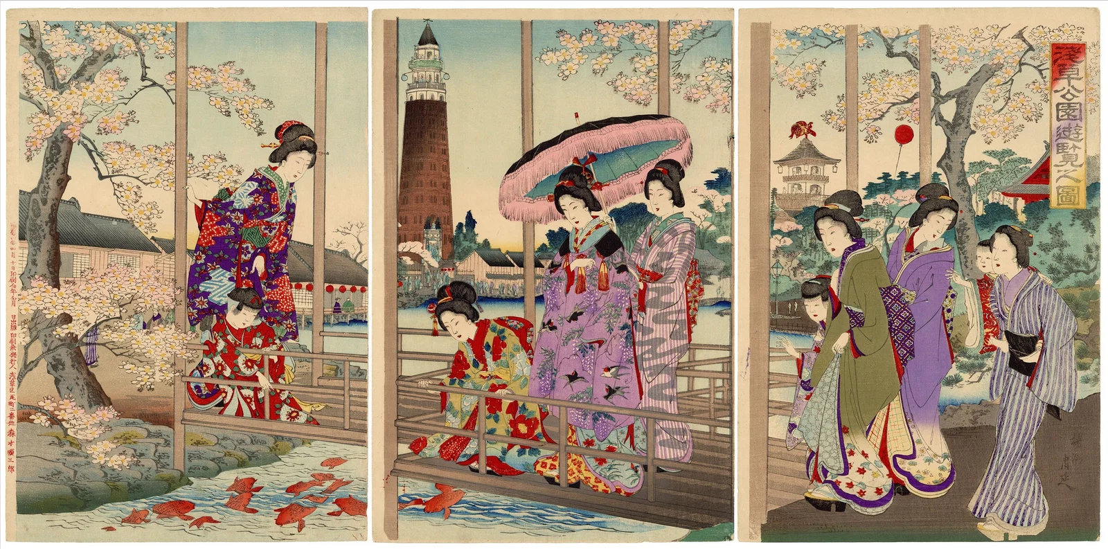 Chikanobu Yoshu, Spring Stroll in Asakusa Park, Cherry Blossoms