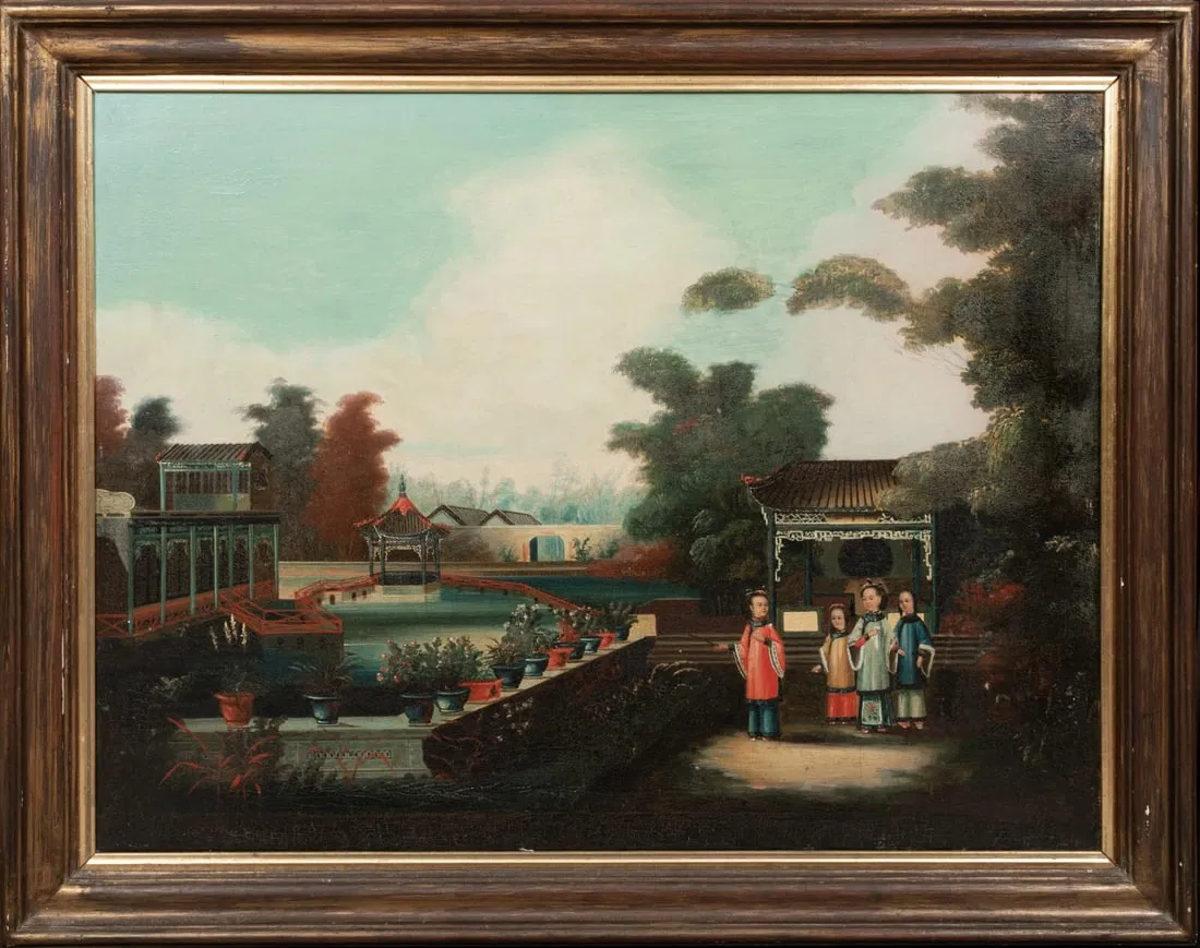 CHILDREN IN A GARDEN LANDSCAPE OIL PAINTING