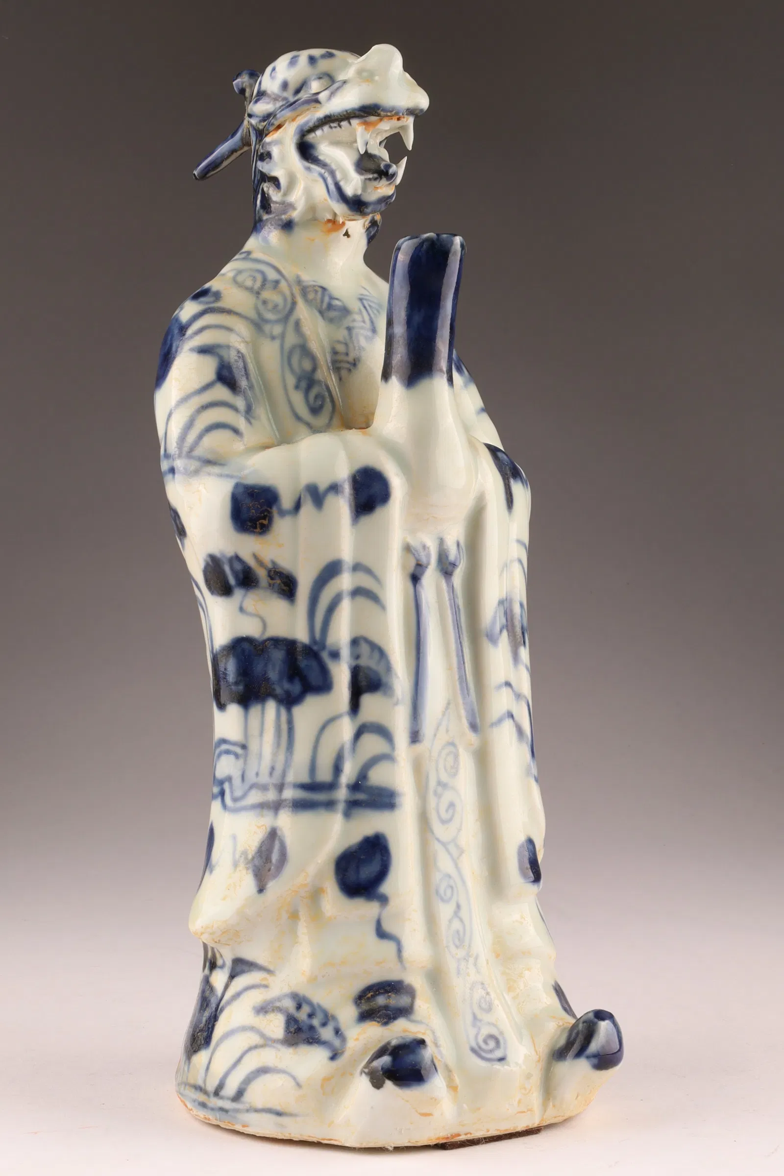 Chinese Blue and White Porcelain Zodiac Dragon Figure, 11 Inches