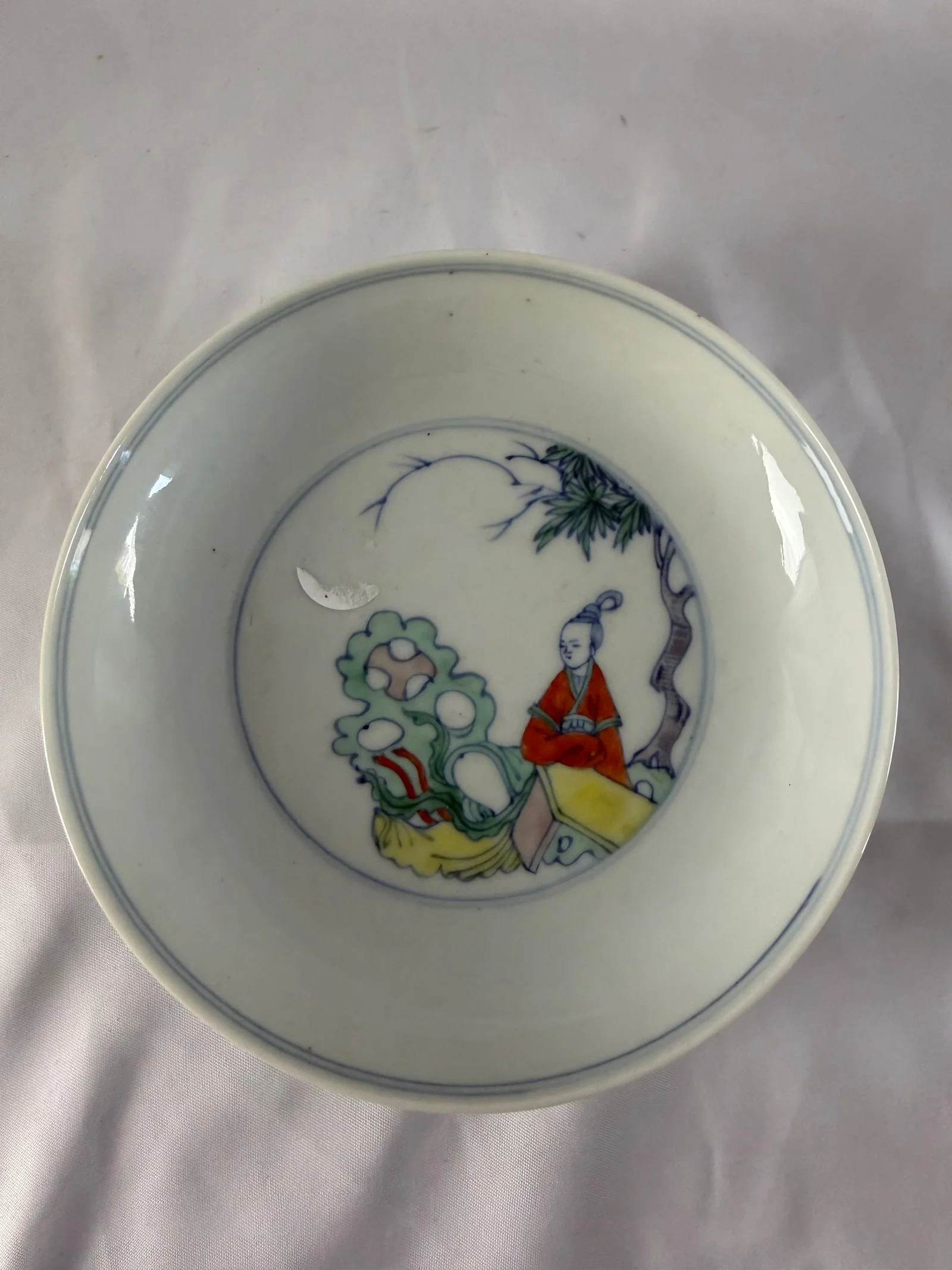 Chinese blue and white with famille rose lady plate China characters mark