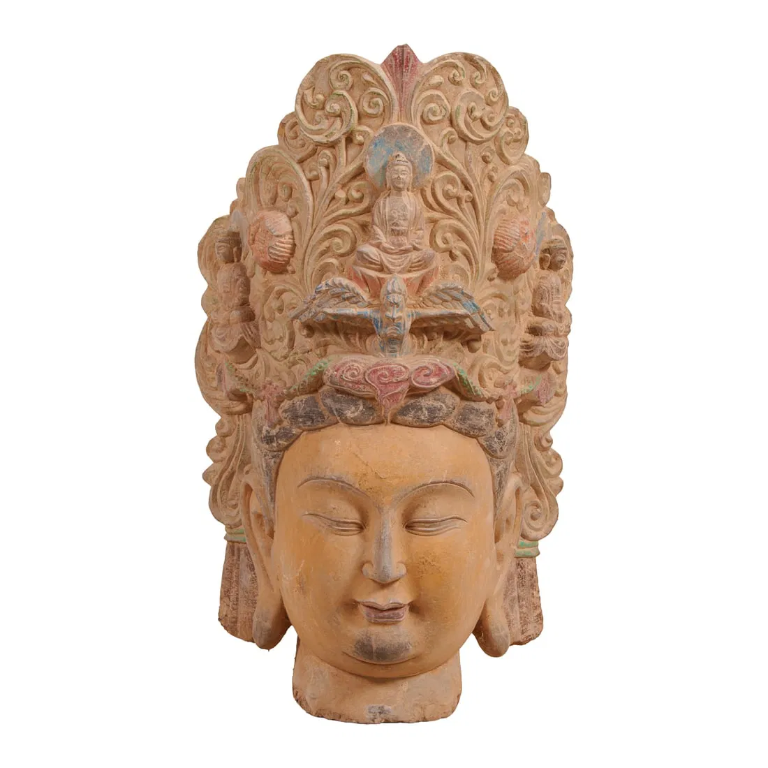 Chinese Carved and Polychrome Painted Stone Buddhist Head