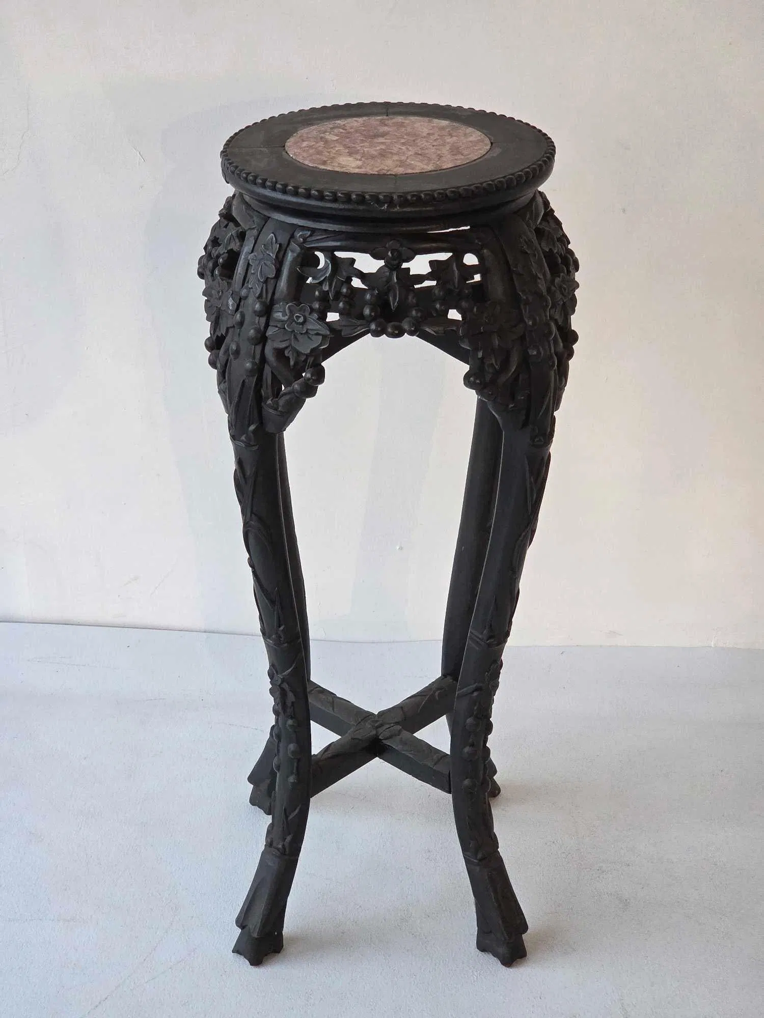 CHINESE CARVED EBONIZED WOOD MARBLE TOP TABOURET 29"