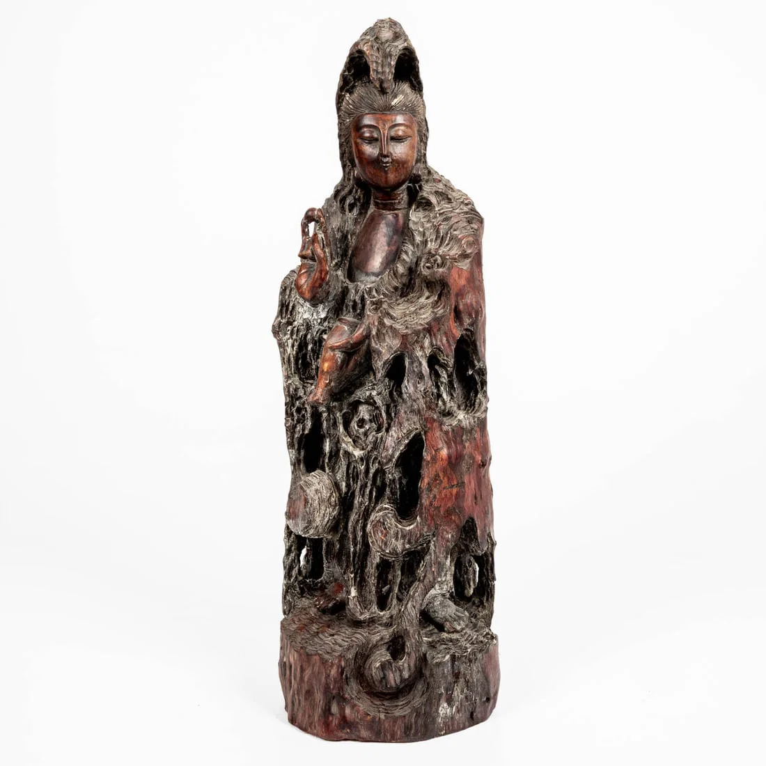 Chinese Carved Hard Wood Guanyin Goddess Figure