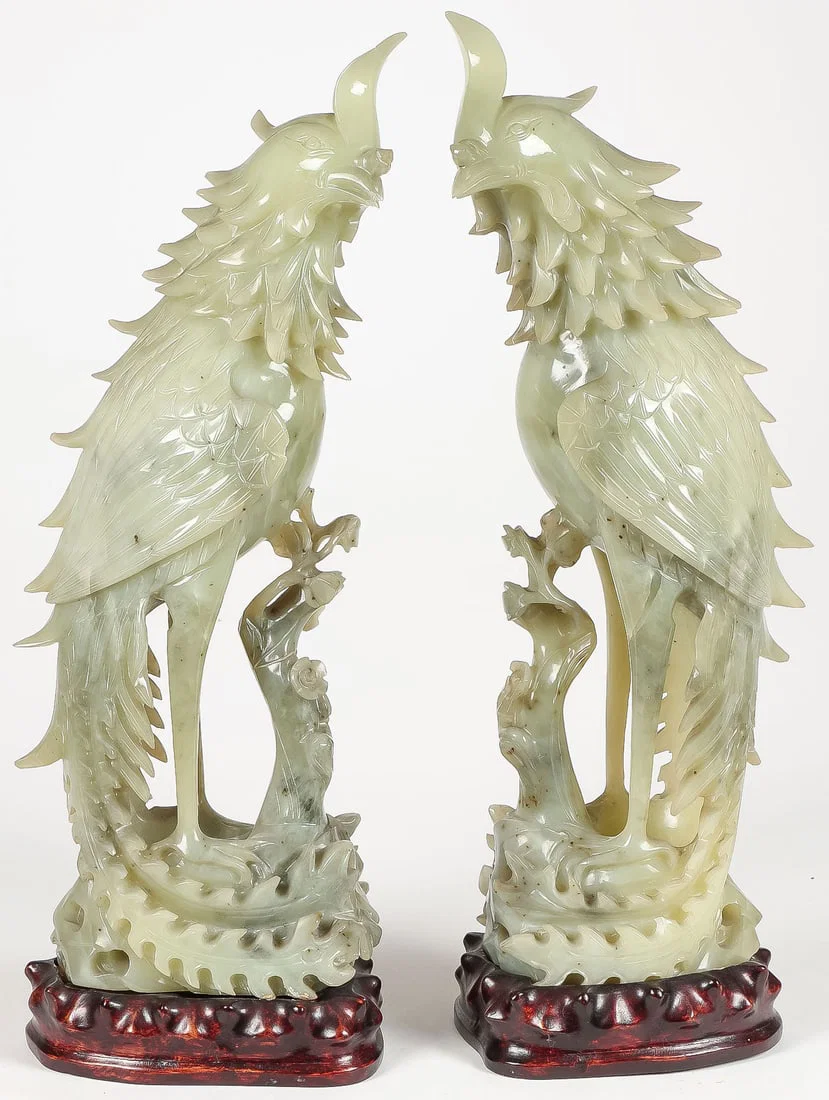 CHINESE CARVED JADE PHOENIX BIRDS, QING