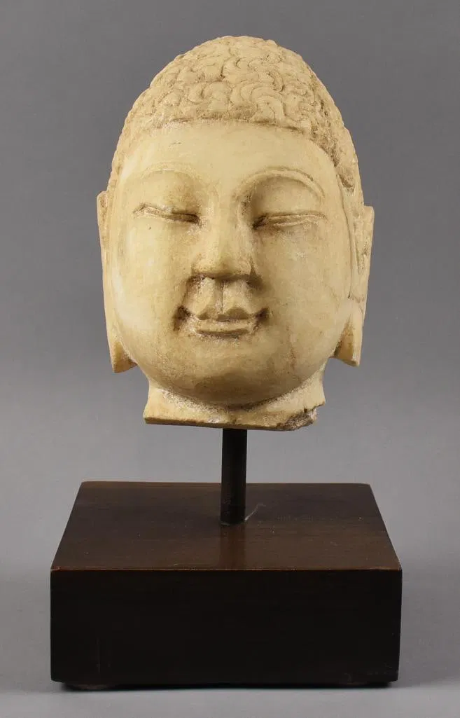 Chinese Carved Stone Buddha Head w/ Wooden Base