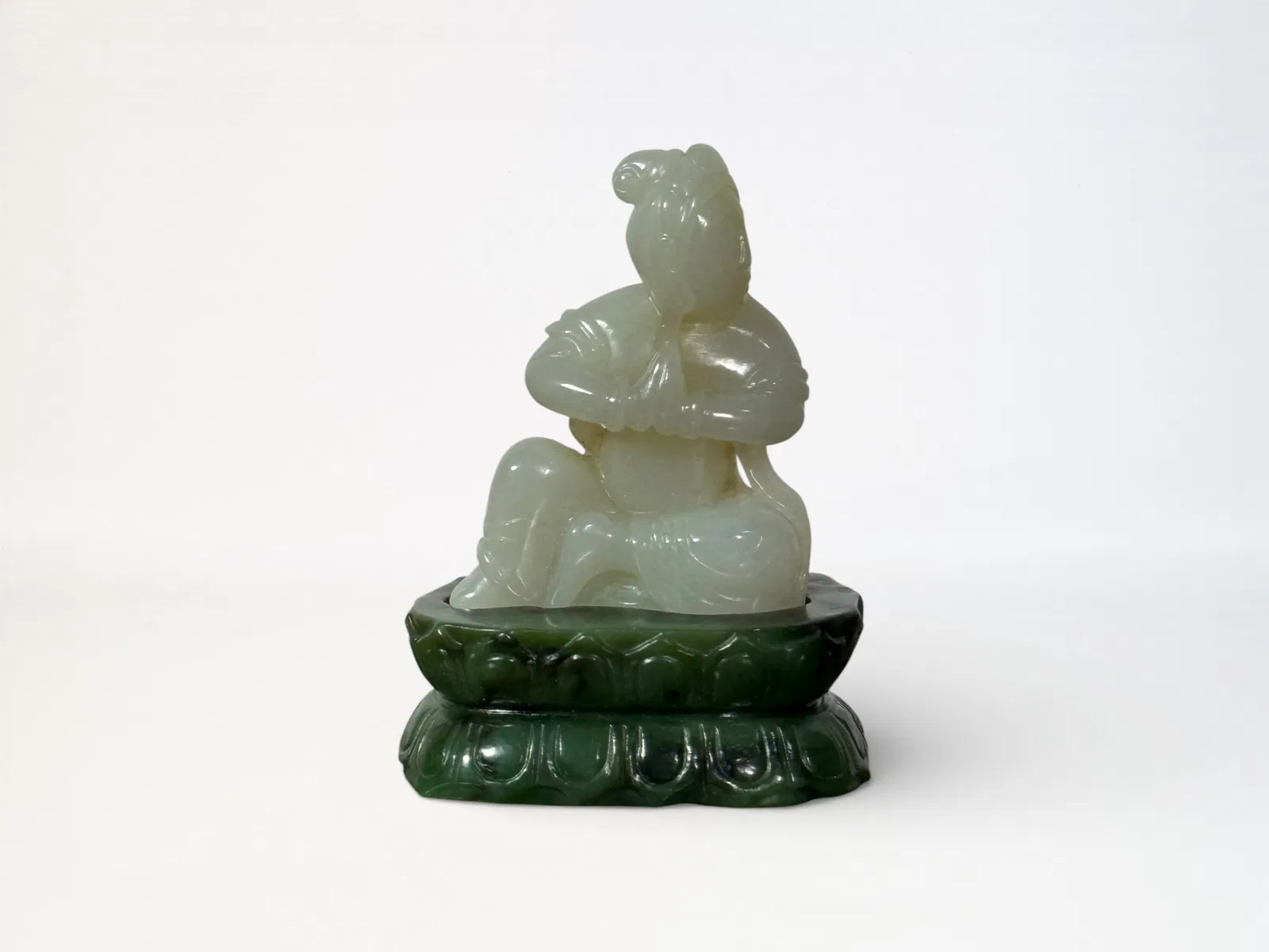 Chinese Carved White Jade Kuanyin on Spinach Jade Base
