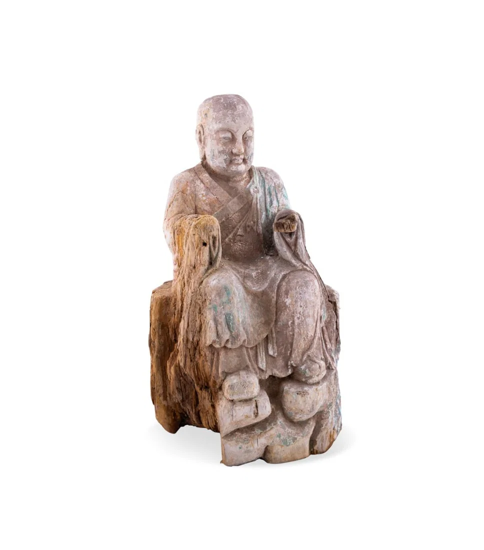 CHINESE CARVED WOOD SEATED LUOHAN FIGURE