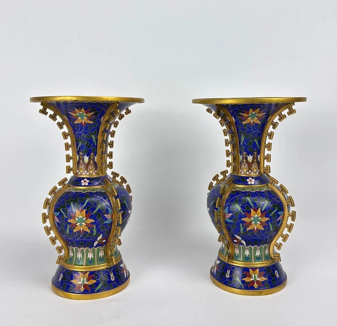 CHINESE CLOISONNÉ ENAMEL AND GILT BRONZE ARCHAISTIC GU-FORM VASES