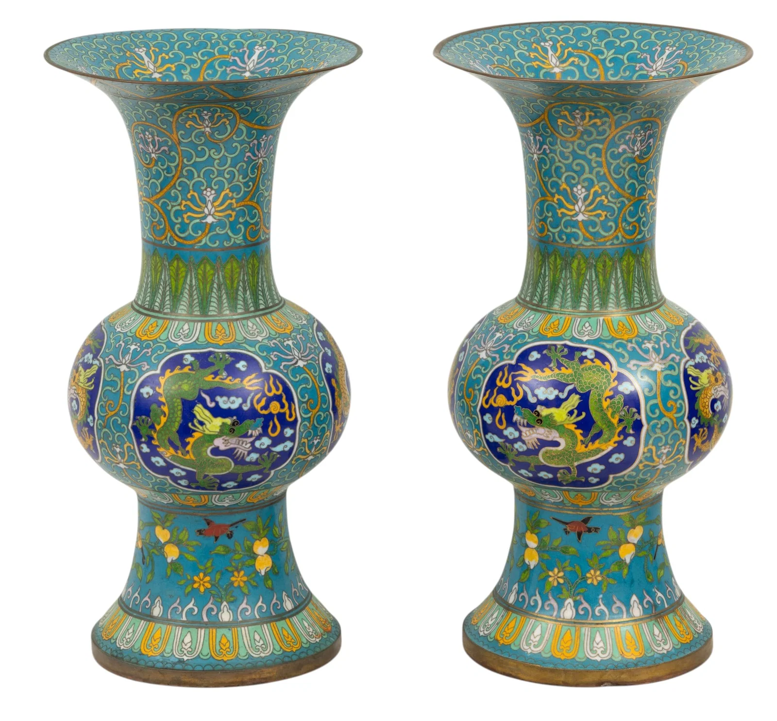 Chinese Cloisonne Gu Vases, Pr. 20th C., H 15.5" Dia. 6" 1 PAIR