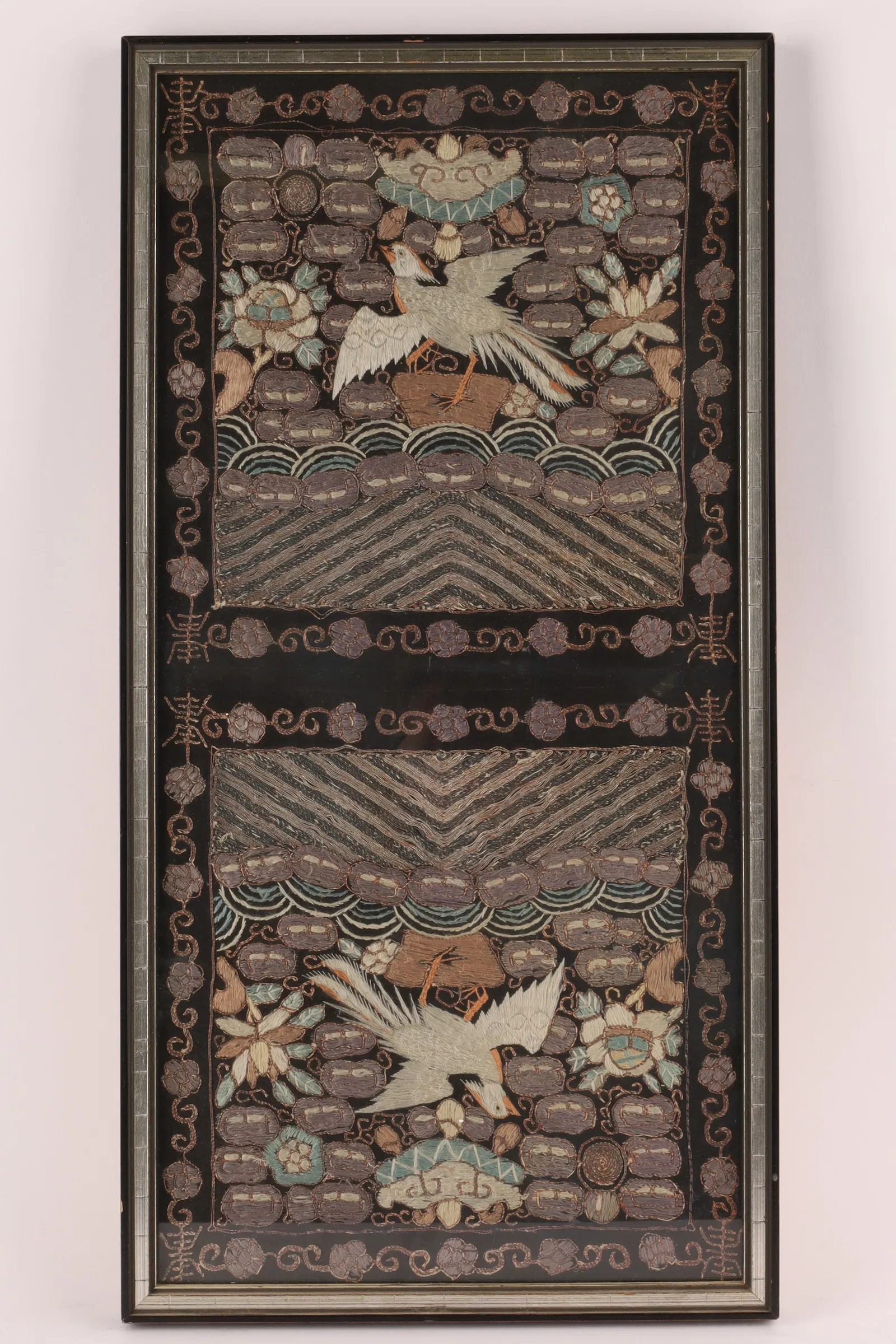 Chinese Embroidered Silk Rank Badges with Birds and Floral Motifs, Framed