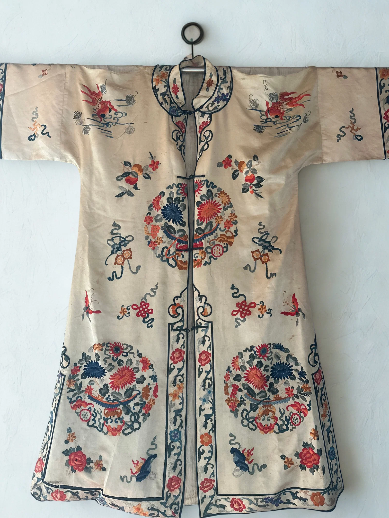 Chinese Embroidered Silk Robe with Floral and Auspicious Motifs
