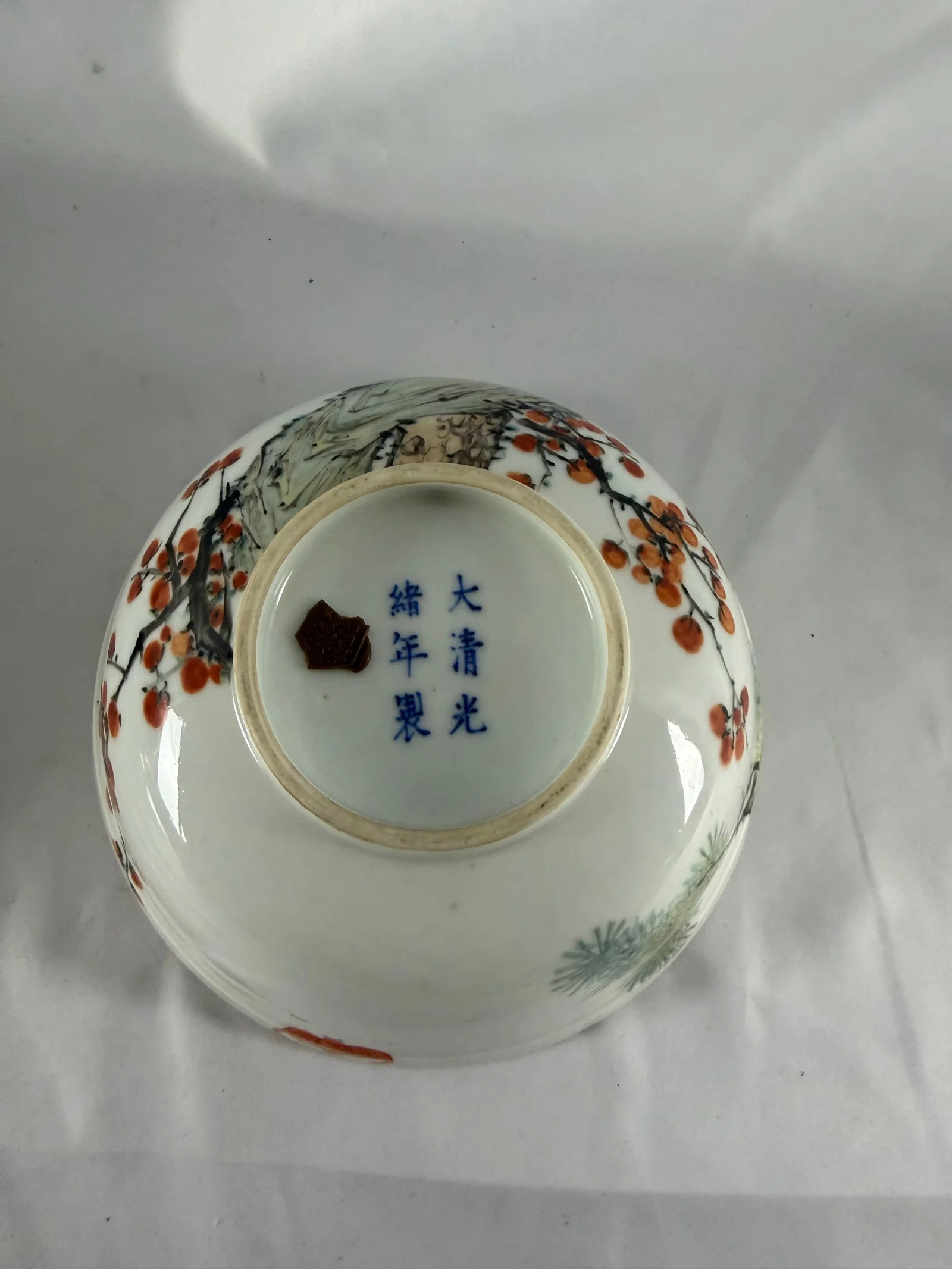 Chinese enameled famille rose bird Porcelain China Bowl blue and white inside decorated
