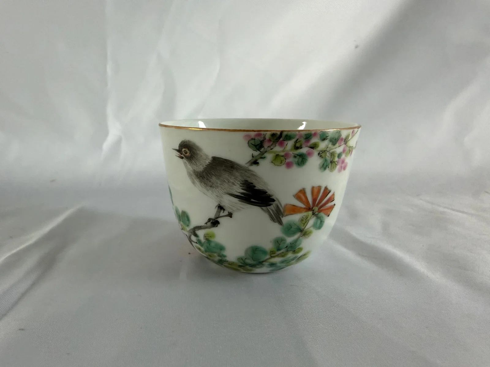 Chinese enameled famille rose birds Porcelain cup China characters mark