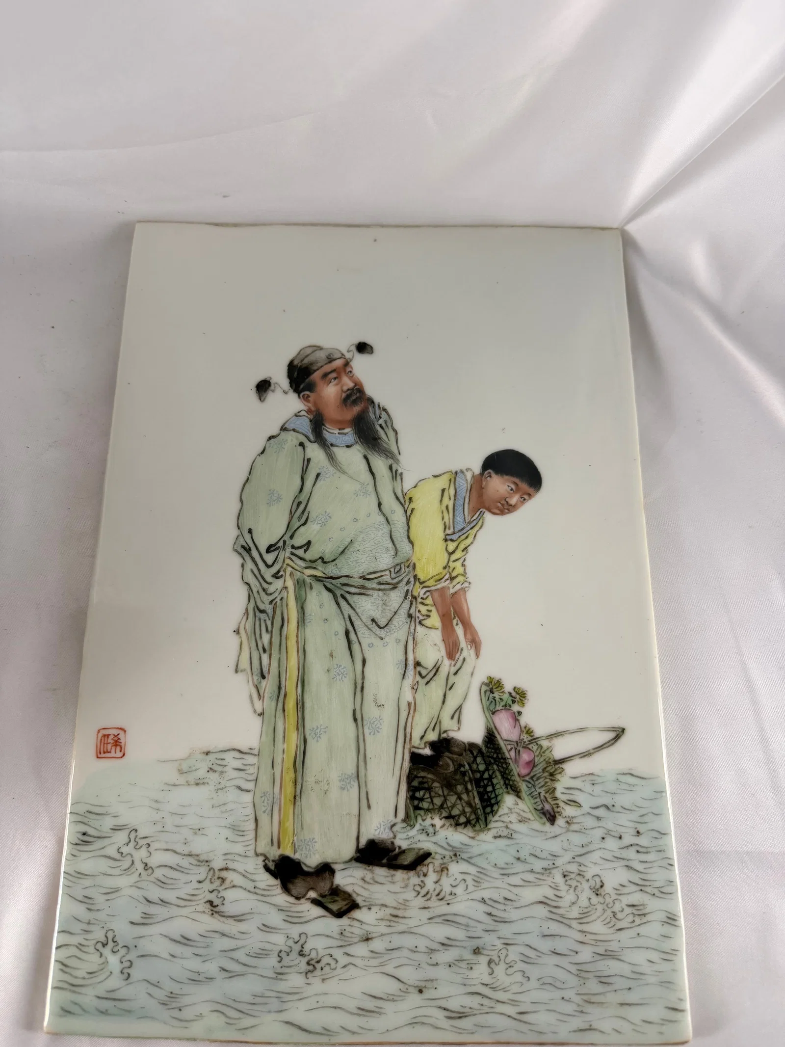 Chinese enameled famille rose figures Porcelain China plaque red seal mark