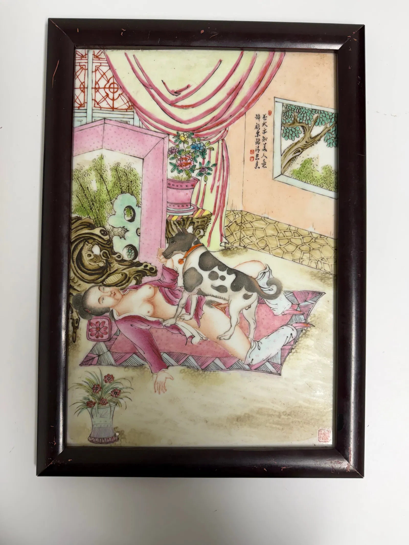 Chinese enameled famille rose lady porcelain plaque framed China characters mark