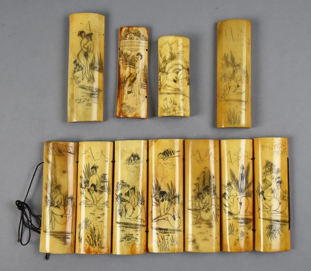 Chinese Erotic Scenes, Carved Scrimshaw Bone Panels