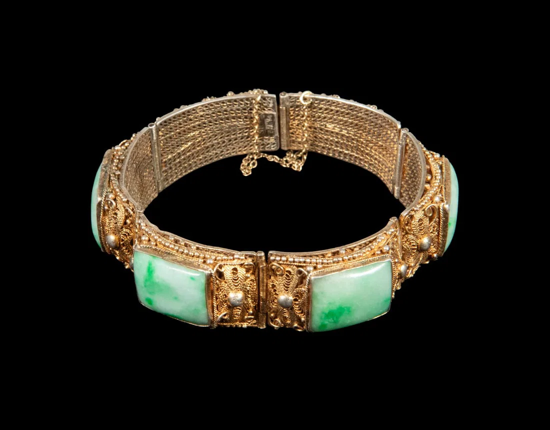 CHINESE EXPORT GILT SILVER AND JADEITE BRACELET