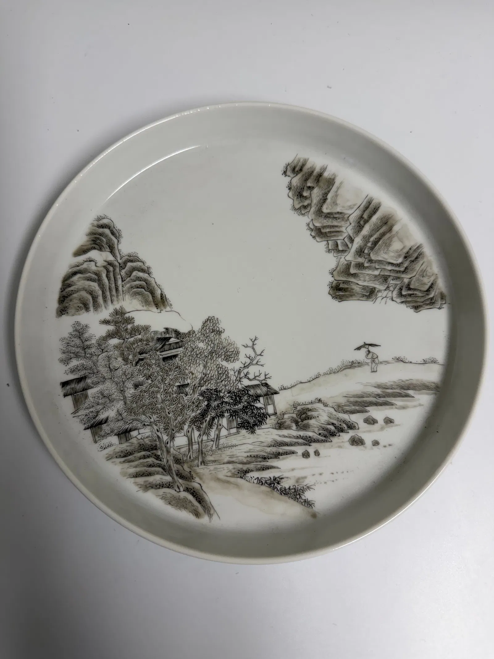 Chinese famille rose black and white China landscape porcelain plate blue and white mark