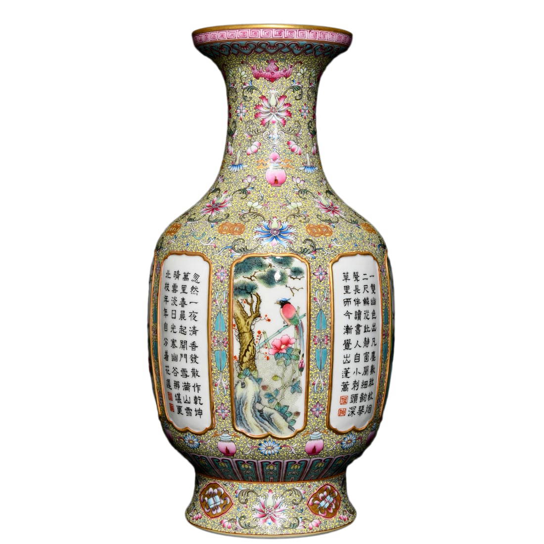 Chinese Famille Rose Enamel Porcelain Animal & Plant Vase w Flowers Bird 335mmx165mm, Qing Dynasty
