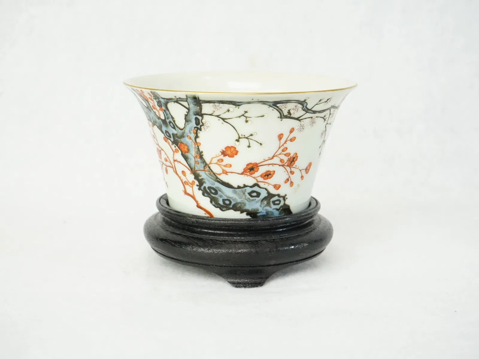 Chinese Famille-Rose 'Plum Blossom' Cup with Wood Stand