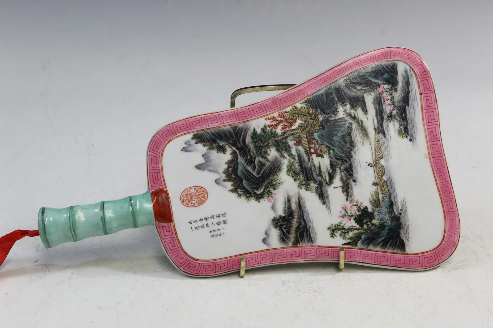 Chinese Famille Rose Porcelain Fan With Mountain and River Scene Decoration