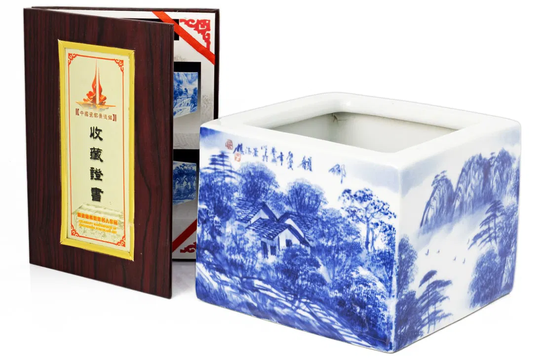 Chinese Jingdezhen Blue & White Porcelain Brush Pot, Signed Guo Pushan, With Certificate