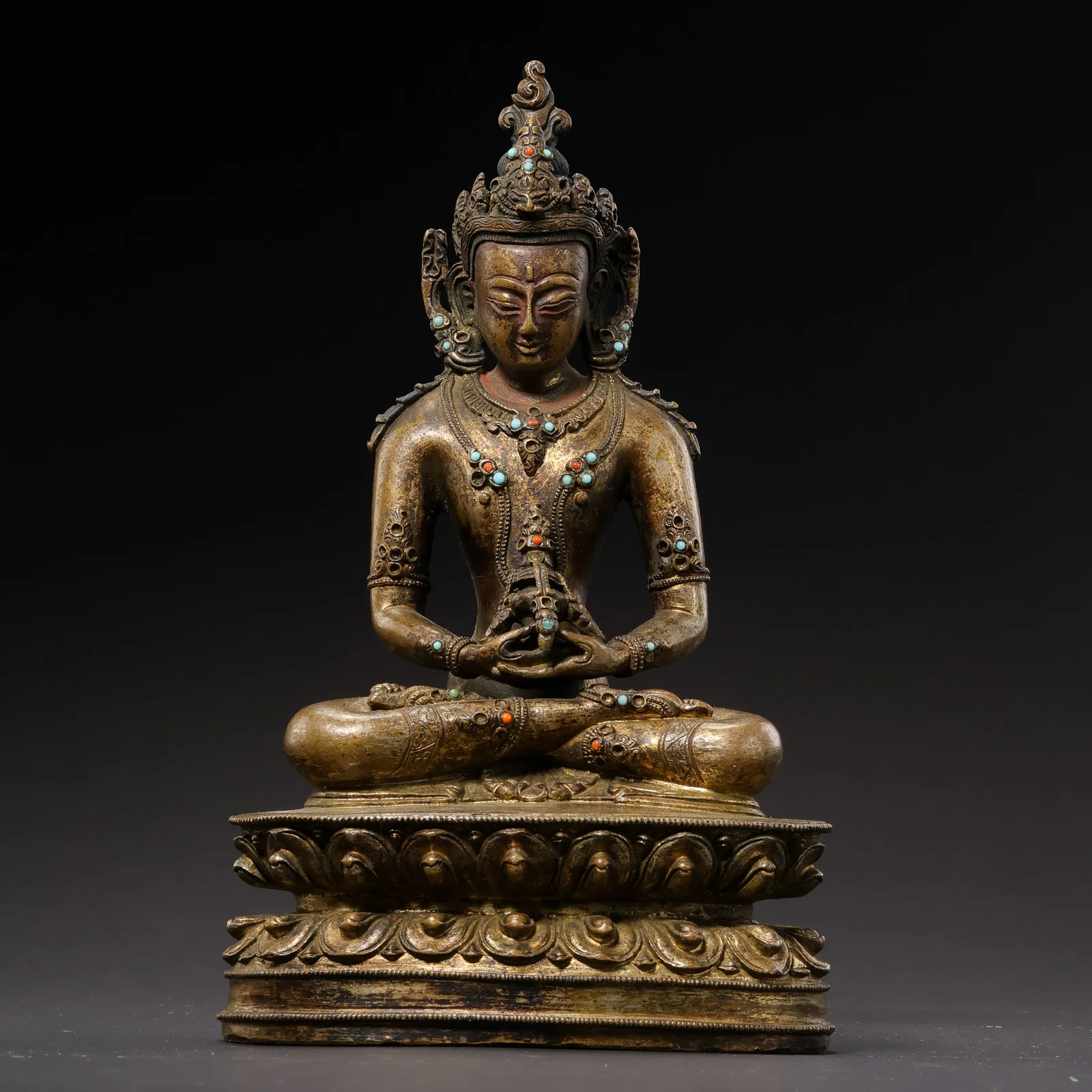 Chinese Ming Dynasty Alloy Copper Coin Gemstone Seated Buddha Statue